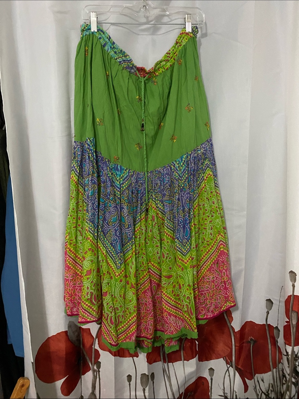 Free Size Bohemian Green Patchwork Maxi Skirt with Paisley Panels.